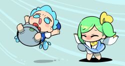 Rule 34 | 2girls, barefoot, bloomers, blue bow, blue dress, blue eyes, blue hair, blush stickers, bow, cirno, closed eyes, daiyousei, detached wings, dress, fairy, fairy wings, green hair, hair bow, highres, ice, ice wings, long sleeves, moyazou (kitaguni moyashi seizoujo), multiple girls, open mouth, shirt, short hair, short sleeves, side ponytail, touhou, underwear, white bloomers, white shirt, wind, wings