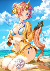 Rule 34 | 1girl, absurdres, bad id, bad pixiv id, bandaged arm, bandages, barefoot, beach, bikini, blue bikini, blue eyes, blue sky, breasts, cleavage, closed mouth, cloud, cloudy sky, collarbone, commentary, day, double bun, fate/grand order, fate (series), frankenstein&#039;s monster (fate), frankenstein&#039;s monster (swimsuit saber) (fate), frankenstein&#039;s monster (swimsuit saber) (first ascension) (fate), hair bun, hair ornament, hair over one eye, harusame (user wawj5773), head tilt, headgear, highres, holding, horizon, horns, jacket, looking at viewer, lotion, medium breasts, navel, ocean, on ground, outdoors, pink hair, rock, short hair, side-tie bikini bottom, single horn, sitting, sky, sleeves past wrists, smile, solo, sparkle, stomach, sunscreen, swimsuit, swimsuit cover-up, water drop, yellow jacket