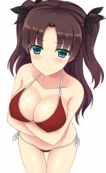 Rule 34 | 1girl, aqua eyes, bare shoulders, bikini, blush, breast hold, breasts, brown hair, cleavage, cowboy shot, crossed arms, fate/stay night, fate (series), highres, long hair, looking at viewer, mizunashi kenichi, red bikini, side-tie bikini bottom, side-tie bottom, simple background, sketch, solo, swimsuit, thigh gap, tohsaka rin, two side up, white background