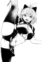 Rule 34 | 1girl, absurdres, black skirt, breasts, frills, gagaimo, greyscale, highres, large breasts, leg up, medium hair, midriff, monochrome, open mouth, original, simple background, skirt, solo, split, standing, standing on one leg, standing split, thighhighs, white background, white hair
