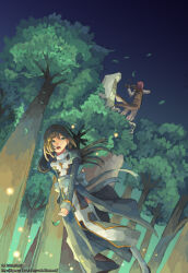 Rule 34 | 1boy, 1girl, blue eyes, bow (music), breasts, brown coat, brown hair, clown (ragnarok online), coat, cross, dated, dress, falling leaves, forest, full body, high priest (ragnarok online), instrument, juliet sleeves, leaf, long hair, long sleeves, medium bangs, medium hair, music, nature, open mouth, playing instrument, puffy sleeves, ragnarok online, red hair, sash, shirt, small breasts, thighhighs, tree, two-tone dress, violin, watermark, web address, white dress, white sash, white shirt, white thighhighs, z.i