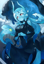 Rule 34 | 1girl, baniran dorosu, black dress, black sclera, blue bow, blue bowtie, blue hair, blue horns, blue skin, bow, bowtie, breasts, closed mouth, clothing cutout, colored sclera, colored skin, cowboy shot, creature, dress, hair between eyes, highres, holding, holding umbrella, horns, long hair, medium breasts, monster girl, multicolored eyes, original, own hands together, pink eyes, pink pupils, rain, shoulder cutout, tearing up, umbrella, water drop, white eyes