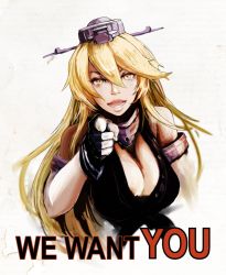 Rule 34 | 1girl, bad id, bad pixiv id, blonde hair, boushi-ya, breasts, cleavage, elbow gloves, english text, fingerless gloves, gloves, headgear, i want you, iowa (kancolle), kantai collection, large breasts, long hair, looking at viewer, open mouth, parody, pointing, pointing at viewer, smile, solo, yellow eyes