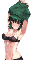Rule 34 | 1girl, alternate hair color, armpits, arms up, black bra, black pants, blush, bra, breasts, cleavage, closed mouth, clothes lift, cokio, collarbone, commentary request, fubuki (one-punch man), green eyes, green hair, green sweater, groin, highres, looking at viewer, medium breasts, midriff, navel, one-punch man, pants, partial commentary, ribbed sweater, short hair, simple background, smile, solo, standing, stomach, sweater, sweater lift, underwear, undressing, upper body, white background
