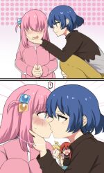 Rule 34 | &gt; &lt;, 2koma, 4girls, :o, absurdres, ahoge, ahoge wag, blonde hair, blue eyes, blue hair, blush, bocchi the rock!, cellphone, comic, commentary, cube hair ornament, dark blue hair, detached ahoge, earrings, english commentary, expressive hair, faceless, faceless female, gotoh hitori, hair between eyes, hair ornament, highres, hinghoi, holding, holding phone, hugging own legs, ijichi nijika, interlocked fingers, jacket, jewelry, kiss, kita ikuyo, knees to chest, knees up, long hair, long sleeves, looking at another, mole, mole under eye, multiple girls, one side up, own hands clasped, own hands together, pants, phone, pink hair, pink jacket, pink pants, red hair, side ponytail, sidelocks, silent comic, simple background, sitting, smartphone, squatting, surprised, sweatdrop, taking picture, track jacket, track pants, track suit, xo, yamada ryo, yellow eyes, yuri