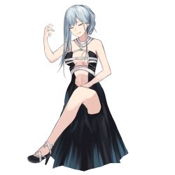 Rule 34 | 1girl, ak-12 (girls&#039; frontline), ak-12 (quiet azure) (girls&#039; frontline), black dress, black footwear, breasts, closed eyes, dress, girls&#039; frontline, hair ornament, high heels, highres, long hair, medium breasts, navel, shoes, silver hair, sitting, smile, solo, talnory, tight clothes, white background