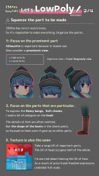 Rule 34 | 1girl, 3d, black headwear, blue hair, boots, brown footwear, commentary, english commentary, english text, grey background, hair behind ear, highres, how to, leedoppo, low poly, multiple views, purple eyes, shima rin, text focus, twitter username, yurucamp