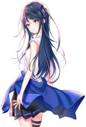 Rule 34 | 1girl, bare arms, bare shoulders, black hair, black skirt, blue eyes, blue jacket, breasts, closed mouth, clothes around waist, collared shirt, hair between eyes, highres, hoshino ichika (project sekai), jacket, jacket around waist, light smile, long hair, looking at viewer, looking back, pleated skirt, project sekai, shirt, simple background, skirt, sleeveless, sleeveless shirt, small breasts, solo, thigh strap, very long hair, white background, white shirt, youta