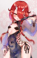 Rule 34 | 1girl, black dress, blush, breasts, china dress, chinese clothes, commentary request, contrapposto, cross-laced clothes, cross-laced dress, dragon print, dress, facing viewer, fangs, folded fan, folding fan, groin, hair over eyes, hair over one eye, hand fan, highres, holding, holding fan, hoozuki warabe, horns, kajimakoto, long bangs, long hair, long sleeves, nail polish, noripro, oni horns, paid reward available, panties, pasties, petite, pointy ears, print dress, red hair, see-through, see-through sleeves, short hair with long locks, side-tie panties, sideless dress, sideless outfit, sideways glance, skin fangs, small breasts, solo, underwear, virtual youtuber, yellow eyes