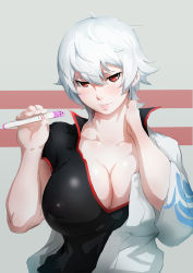 Rule 34 | 1girl, bad id, bad pixiv id, blush, breasts, cleavage, covered erect nipples, female focus, genderswap, genderswap (mtf), gintama, highres, huge breasts, kunaboto, large breasts, looking at viewer, parted lips, pregnancy test, red eyes, sakata ginko, sakata gintoki, short hair, simple background, solo, striped, striped background, upper body, white hair