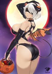 Rule 34 | 1girl, 2b (nier:automata), absurdres, artist logo, ass, basket, black blindfold, black gloves, blindfold, breasts, bridal gauntlets, candy, closed mouth, demon horns, demon tail, demon wings, emil (nier), facing viewer, fake horns, fake tail, fake wings, food, full moon, gloves, grey hair, halloween costume, highres, holding, holding basket, horns, huge ass, kaos art, large breasts, mole, mole under mouth, moon, nier:automata, nier (series), night, night sky, o-ring, revealing clothes, short hair, sideboob, sky, solo, tail, wide hips, wings