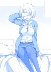 Rule 34 | 1girl, bad id, bad pixiv id, bed, belt, blue theme, blush, bow, breasts, covering own eyes, ellen baker, getsuyoubi no tawawa, hair bow, hair over shoulder, jacket, long hair, low ponytail, monochrome, new horizon, official style, on bed, pantyhose, pillow, sitting, skirt, smile, solo, yostxxx