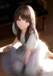 Rule 34 | 1girl, absurdres, bad id, bad pixiv id, between legs, brown hair, clothing request, dot nose, dress, full body, gesture request, hand between legs, highres, indoors, long hair, looking at viewer, looking to the side, looking up, ojay tkym, on floor, original, red eyes, see-through, see-through dress, short sleeves, solo, white dress, white sleeves