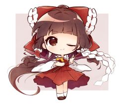 Rule 34 | 1girl, absurdres, ascot, bow, chibi, detached sleeves, frilled bow, frilled hair tubes, frills, full body, gohei, hair bow, hair tubes, hakurei reimu, hat, highres, misosiru 0224, one eye closed, red bow, red skirt, ribbon-trimmed sleeves, ribbon trim, skirt, skirt set, solo, touhou, witch hat, yellow ascot
