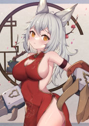 Rule 34 | 1girl, ahoge, animal ears, arm strap, backless dress, backless outfit, bell, breasts, brown eyes, china dress, chinese clothes, clawed gauntlets, cleavage cutout, clothing cutout, covered navel, dress, earrings, erune, granblue fantasy, grey hair, highres, jewelry, large breasts, long hair, sen (granblue fantasy), single earring, uneg