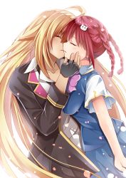 Rule 34 | 2girls, artist request, blonde hair, blush, couple, closed eyes, fingerless gloves, gloves, hair ornament, hand on another&#039;s face, highres, imminent kiss, long hair, medium hair, multiple girls, pink hair, shikishima mirei, short twintails, simple background, skirt, tokonome mamori, twintails, valkyrie drive, valkyrie drive -mermaid-, very long hair, yuri
