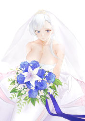 Rule 34 | 1girl, absurdres, azur lane, belfast (azur lane), belfast (the pledge of claddagh) (azur lane), belfast (the pledge of claddagh) (azur lane), blue eyes, blue ribbon, bouquet, braid, breasts, bridal veil, bride, chain, cl (summer sama), cleavage, dress, flower, french braid, from above, gold, gold chain, highres, holding, holding bouquet, large breasts, looking to the side, ribbon, strapless, strapless dress, tiara, veil, wedding dress, white background, white dress, white hair