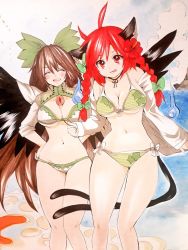 Rule 34 | 2girls, :d, :p, animal ear fluff, animal ears, beach, bikini, bird wings, black wings, bow, braid, breasts, brown hair, cape, cat ears, cleavage, closed eyes, cloud, feet out of frame, green bikini, green bow, hair bow, kaenbyou rin, long hair, looking at viewer, marker (medium), matsuppoi, medium breasts, multiple girls, multiple tails, navel, nekomata, open clothes, open mouth, outdoors, red eyes, red hair, reiuji utsuho, side braids, smile, standing, star (symbol), star print, striped bikini, striped clothes, swimsuit, tail, third eye, tongue, tongue out, touhou, traditional media, twin braids, two tails, white bikini, white cape, wings