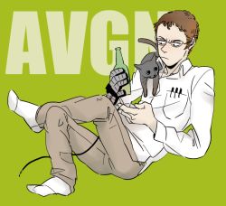 Rule 34 | 1boy, alcohol, angry, angry video game nerd, animification, artist request, avgn, beer, beer bottle, brown hair, cable, cat, controller, game controller, gamepad, glasses, james rolfe, pen, pet, playing games, plus12, power glove, short hair, sitting, sketch, socks