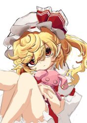 Rule 34 | 1girl, blonde hair, bloomers, closed mouth, commentary request, expressionless, feet out of frame, flandre scarlet, hair between eyes, hat, head tilt, highres, hira-san, holding, holding stuffed toy, knees together feet apart, knees up, looking at viewer, mob cap, one side up, pointy ears, red eyes, short hair, simple background, solo, stuffed toy, swept bangs, touhou, underwear, white background