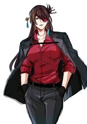 Rule 34 | alternate costume, beidou (genshin impact), black gloves, breasts, brown hair, colored eyepatch, cowboy shot, dress shirt, eyepatch, genshin impact, gloves, grey jacket, grey pants, hair ornament, hair over one eye, hair stick, hairpin, hands in pockets, highres, jacket, large breasts, one eye covered, open collar, pants, red eyes, red shirt, rio inukai, shirt, solo, tassel, tassel hair ornament, white background