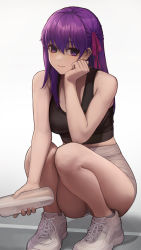 Rule 34 | 1girl, bare arms, bare legs, bare shoulders, black sports bra, bottle, closed mouth, crop top, fate/stay night, fate (series), full body, grey shorts, grey socks, hair between eyes, hair ribbon, half updo, head rest, high-waist shorts, highres, holding, holding bottle, long hair, looking at viewer, matou sakura, midriff, ola (bunnyfly), purple eyes, purple hair, red ribbon, ribbon, shoes, short shorts, shorts, sidelocks, sleeveless, smile, sneakers, socks, solo, sports bra, sportswear, squatting, thighs, white footwear