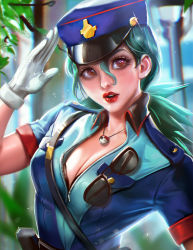 Rule 34 | 1girl, breasts, brown eyes, cleavage, creatures (company), game freak, gloves, green hair, hat, highres, jenny (pokemon), jewelry, lipstick, long hair, makeup, nintendo, pendant, pokemon, pokemon (anime), police, police hat, police uniform, policewoman, ponytail, red lips, sakimichan, solo, uniform, upper body