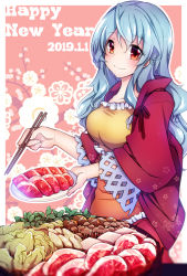 Rule 34 | 1girl, amagumo, blue hair, breasts, cabbage, chopsticks, collarbone, commentary request, dated, dress, floral background, floral print, food, hair between eyes, hanten (clothes), happy new year, head tilt, highres, holding, holding chopsticks, holding plate, large breasts, layered dress, light blue hair, long hair, looking at viewer, meat, mushroom, nabe, new year, pink background, plate, red eyes, sakata nemuno, smile, solo, standing, touhou, very long hair