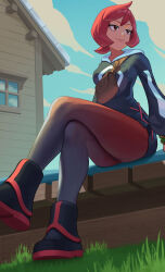 Rule 34 | 1girl, 2464647821, absurdres, arezu (pokemon), arm support, black footwear, black shorts, boots, building, closed mouth, cloud, commentary request, cowlick, creatures (company), crossed legs, day, from below, game freak, gradient legwear, grass, highres, jacket, looking to the side, nintendo, outdoors, pantyhose, pokemon, pokemon legends: arceus, red eyes, red hair, shorts, sitting, sky, smile, solo, window