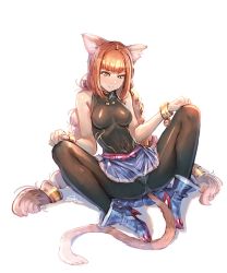 Rule 34 | 1girl, animal ears, ankle boots, bare arms, bare shoulders, belt, blush, bodysuit, boots, bow (bhp), bracelet, braid, breasts, cat ears, cat tail, character request, duplicate, embarrassed, feet together, hands on own knees, high heels, jewelry, long hair, looking down, low-tied long hair, medium breasts, miniskirt, original, panties, pantyshot, red hair, signature, sitting, skirt, slit pupils, solo, spread legs, stomach, tail, twin braids, underwear, very long hair, yellow eyes