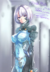 Rule 34 | 1girl, absurdres, black gloves, blurry, blurry background, bodysuit, breasts, commission, covered erect nipples, covered navel, dated, gloves, grey hair, hand on own hip, head tilt, heart, highres, impossible bodysuit, impossible clothes, kuroi mimei, locker, locker room, looking at viewer, medium breasts, medium hair, muv-luv, muv-luv alternative, original, pilot suit, purple eyes, second-party source, signature, skeb commission, skin tight, solo