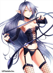 Rule 34 | 1girl, :c, bare shoulders, black panties, breasts, closed mouth, female focus, fishnets, frown, garter belt, grey hair, hinariaoba, long hair, looking at viewer, midriff, navel, original, panties, pointy ears, simple background, solo, thighhighs, underwear, whip, white background, yellow eyes