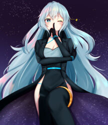 Rule 34 | .live, 1girl, asymmetrical legwear, blue eyes, blue hair, bracelet, breasts, cleavage, coat, covering own mouth, formal, gloves, hand over own mouth, jewelry, long hair, looking at viewer, medium breasts, one eye closed, open clothes, open coat, rascala39, rikumu, solo, star (symbol), starry background, suit, tagme, thighhighs, virtual youtuber