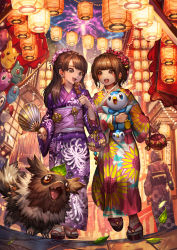 Rule 34 | 2girls, :d, absurdres, bulbasaur, commentary, commission, creatures (company), eating, english commentary, fireworks, floral print, food, food request, game freak, gen 1 pokemon, gen 3 pokemon, gen 4 pokemon, hand fan, highres, holding, holding food, japanese clothes, jigglypuff, kimono, kinchaku, lantern, leaf, lickitung, long sleeves, multiple girls, night, night sky, nintendo, open mouth, outdoors, paper fan, paper lantern, pikachu, piplup, pokemon, pokemon (creature), pouch, purple kimono, sa-dui, sandals, signature, sky, smile, squirtle, standing, summer festival, tabi, uchiwa, voltorb, walking, white legwear, wide sleeves, yukata, zigzagoon