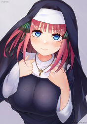 Rule 34 | 1girl, 3:, alternate costume, artist name, black dress, blue eyes, blunt bangs, blush, breasts, butterfly hair ornament, closed mouth, dress, eyebrows hidden by hair, from above, go-toubun no hanayome, grey background, habit, hair ornament, hands on own chest, highres, irarei (araisanblog), large breasts, long sleeves, looking at viewer, looking up, nakano nino, nun, pink hair, rosary, short hair, simple background, solo, traditional nun, two side up, upper body