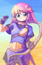 Rule 34 | 1girl, archer (ragnarok online), armored skirt, arrow (projectile), belt, blue shirt, blush, bow (weapon), breasts, brown gloves, closed mouth, commentary request, cowboy shot, crescent, crescent hair ornament, emurin, gloves, gluteal fold, hair between eyes, hair ornament, holding, holding arrow, holding bow (weapon), holding weapon, looking at viewer, medium hair, muneate, ragnarok online, shirt, short sleeves, small breasts, smile, solo, weapon