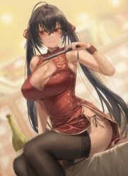 Rule 34 | 1girl, absurdres, ahoge, arm at side, azur lane, bare shoulders, black hair, black thighhighs, blurry, blurry background, blush, bottle, breasts, china dress, chinese clothes, cleavage, cleavage cutout, closed mouth, clothing cutout, dress, folded fan, folding fan, free style (yohan1754), hair between eyes, hair ribbon, hand fan, highres, holding, holding fan, indoors, large breasts, long hair, looking at viewer, pelvic curtain, red dress, red eyes, red ribbon, ribbon, side-tie dress, sidelocks, sitting, sleeveless, smile, solo, taihou (azur lane), thighhighs, thighs, twintails, very long hair, wristband