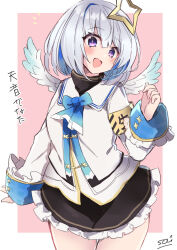 Rule 34 | 1girl, amane kanata, armband, black shirt, black skirt, blue hair, blue wings, commentary request, feathered wings, frilled skirt, frilled sleeves, frills, grey hair, grey wings, hair between eyes, hand up, hololive, jacket, long sleeves, looking at viewer, mini wings, multicolored hair, pink background, purple eyes, shirt, signature, skirt, sleeves past wrists, solo, sou (soutennkouchi), translation request, two-tone background, two-tone hair, virtual youtuber, white background, white jacket, white shirt, wings