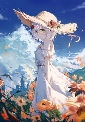 Rule 34 | 1girl, absurdres, bare shoulders, blush, braid, breasts, brown hat, closed mouth, cloud, cloudy sky, commentary request, day, detached sleeves, dress, field, flower, flower field, from side, genshin impact, green eyes, hair flower, hair ornament, hand up, hat, hat flower, highres, looking at viewer, noelle (genshin impact), orange flower, outdoors, red flower, short hair, silver hair, sky, solo, standing, straw hat, sun hat, sundress, white dress, yajuu