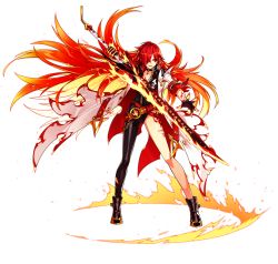 Rule 34 | 1girl, :d, artist request, asymmetrical clothes, belt, black footwear, black neckwear, choker, coat, elesis (elsword), elsword, flame lord (elsword), full body, gloves, hair over one eye, highres, holding, holding sword, holding weapon, long hair, looking to the side, official art, open mouth, red eyes, red hair, shoes, single pantsleg, skin tight, smile, solo, standing, sword, tattoo, transparent background, weapon, white coat