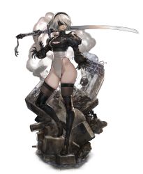 Rule 34 | 1girl, absurdres, black thighhighs, blindfold, boots, breasts, cleavage, cleavage cutout, clothing cutout, commentary, covered eyes, full body, hairband, high heel boots, high heels, highres, holding, holding weapon, juliet sleeves, leotard, long sleeves, nier:automata, nier (series), puffy sleeves, short hair, simple background, solo, standing, sword, thigh boots, thighhighs, thighhighs under boots, weapon, white hair, yasuda akira, 2b (nier:automata)