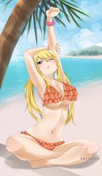Rule 34 | 1girl, absurdres, armpits, arms up, artist name, beach, bikini, blonde hair, blush, breasts, brown eyes, cleavage, collarbone, crossed legs, eyes visible through hair, fairy tail, full body, gaston18, hair between eyes, highres, large breasts, long hair, looking at viewer, lucy heartfilia, mountain, navel, one eye closed, palm tree, sand, sitting, solo, stomach, stretching, swimsuit, tree, twintails, water, watermark