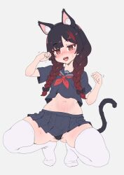 Rule 34 | 1girl, animal ears, black hair, cat ears, cat girl, cat tail, fang, heart, heart-shaped pupils, highres, navel, original, red eyes, school uniform, skirt, solo, squatting, symbol-shaped pupils, tail, thick thighs, thighhighs, thighs, whomperfruit
