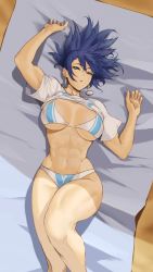 Rule 34 | 1girl, abs, absurdres, anagumasan, bed, bikini, blue hair, breasts, dog tags, earrings, highres, jewelry, large breasts, leona heidern, looking at viewer, muscular, muscular female, shirt, simple background, snk, solo, swimsuit, the king of fighters, thighs