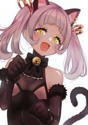 Rule 34 | 1girl, @-you (you 2023 8 16), animal ear piercing, animal ears, bare shoulders, bell, black bow, black bowtie, bow, bowtie, cat ears, cat girl, cat tail, elbow gloves, gloves, gradient eyes, grey hair, hair ornament, highres, hololive, multicolored eyes, murasaki shion, neck bell, open mouth, tail, twintails, virtual youtuber