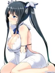 Rule 34 | 10s, 1girl, arm ribbon, backless dress, backless outfit, bare back, bare shoulders, barefoot, black hair, blue eyes, blush, bow, bowtie, breasts, breasts squeezed together, cleavage, cleavage cutout, clothing cutout, dress, dungeon ni deai wo motomeru no wa machigatteiru darou ka, elbow gloves, female focus, gin&#039;ichi (akacia), gloves, hair ornament, hair ribbon, hestia (danmachi), jpeg artifacts, large breasts, long hair, open mouth, pout, rei no himo, ribbon, short dress, simple background, sitting, sleeveless, sleeveless dress, smile, solo, tearing up, twintails, v arms, wariza, white background, white dress, white gloves