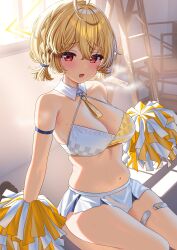 1girl :d absurdres ahoge arm_strap bare_arms bare_shoulders belly blonde_hair blue_archive blush breasts cheerleader cleavage climbing_ladder commentary_request hair_between_eyes hayama_(ewzn7285) heavy_breathing highres holding holding_pom_poms indoors kotori_(blue_archive) kotori_(cheer_squad)_(blue_archive) looking_at_viewer low_twintails medium_breasts midriff millennium_cheerleader_outfit_(blue_archive) miniskirt muffin_top navel open_mouth pleated_skirt plump pom_pom_(cheerleading) pom_poms red_eyes short_hair short_twintails sitting skindentation skirt sleeveless smile solo stomach sweat thighs twintails white_skirt