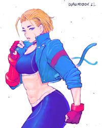 Rule 34 | 1girl, abs, absurdres, antenna hair, blonde hair, blue eyes, blue jacket, blue pants, blue sports bra, breasts, cammy white, choker, clenched hand, cropped jacket, facial scar, fingerless gloves, gloves, highres, jacket, medium breasts, midriff, muscular, muscular female, pants, quasimodox, red gloves, scar, scar on cheek, scar on face, short hair, single vambrace, solo, sports bra, street fighter, street fighter 6, thick thighs, thighs, vambraces, yoga pants