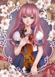 Rule 34 | 1girl, absurdres, bad id, bad pixiv id, blue eyes, blunt bangs, bow (music), crotchet rest, dongxiao, flower, highres, hime cut, instrument, lily (flower), long hair, looking at viewer, original, pink hair, ribbon, school uniform, serafuku, sharp sign, sheet music, signature, skirt, solo, violin
