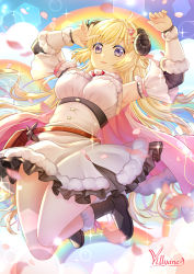 Rule 34 | 1girl, armpits, arms up, artist name, bare shoulders, black footwear, blonde hair, boots, breasts, cape, closed mouth, commentary request, curled horns, detached sleeves, dress, flower, frilled dress, frills, from below, full body, fur-trimmed boots, fur-trimmed cape, fur-trimmed dress, fur-trimmed sleeves, fur trim, hair flower, hair ornament, hairclip, highres, hololive, horns, long hair, long sleeves, medium breasts, pink cape, pink flower, purple eyes, rainbow, sheep horns, signature, smile, solo, tsunomaki watame, tsunomaki watame (1st costume), very long hair, villyane, virtual youtuber, white dress, white sleeves